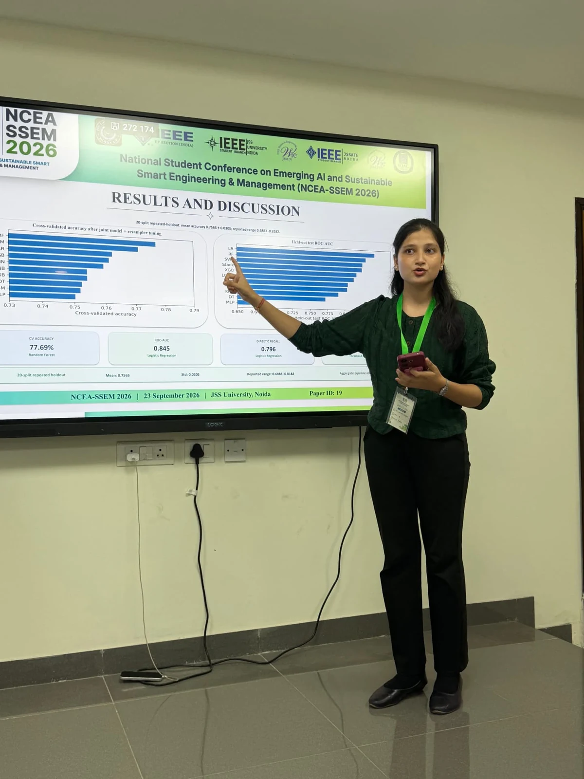 A student author presenting research results and discussion